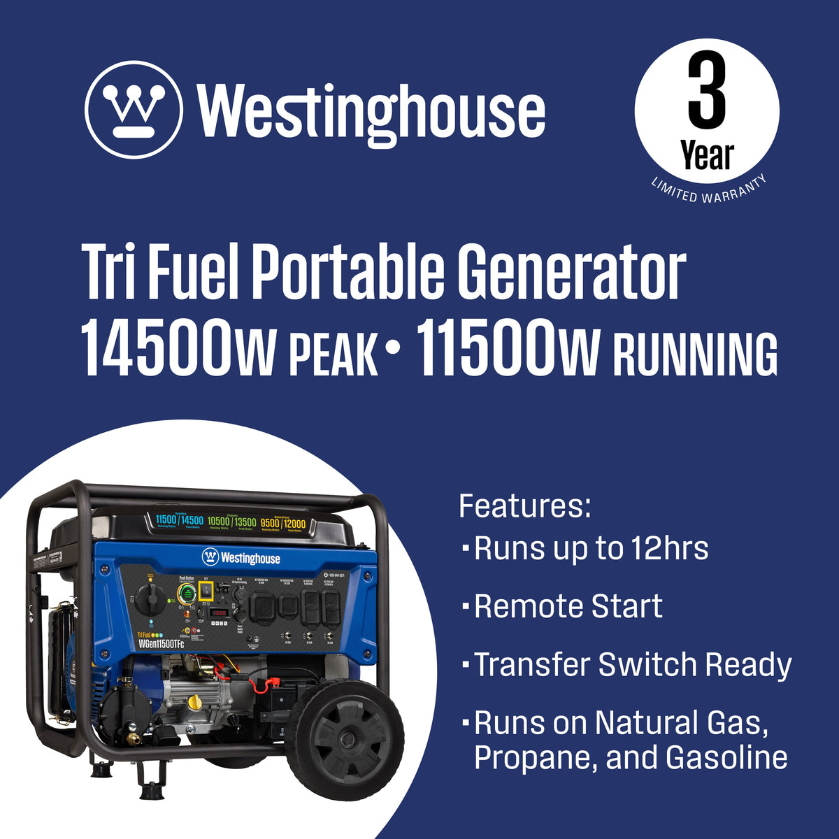 Westinghouse WGen11500TFc Tri-Fuel Portable Generator 11500W