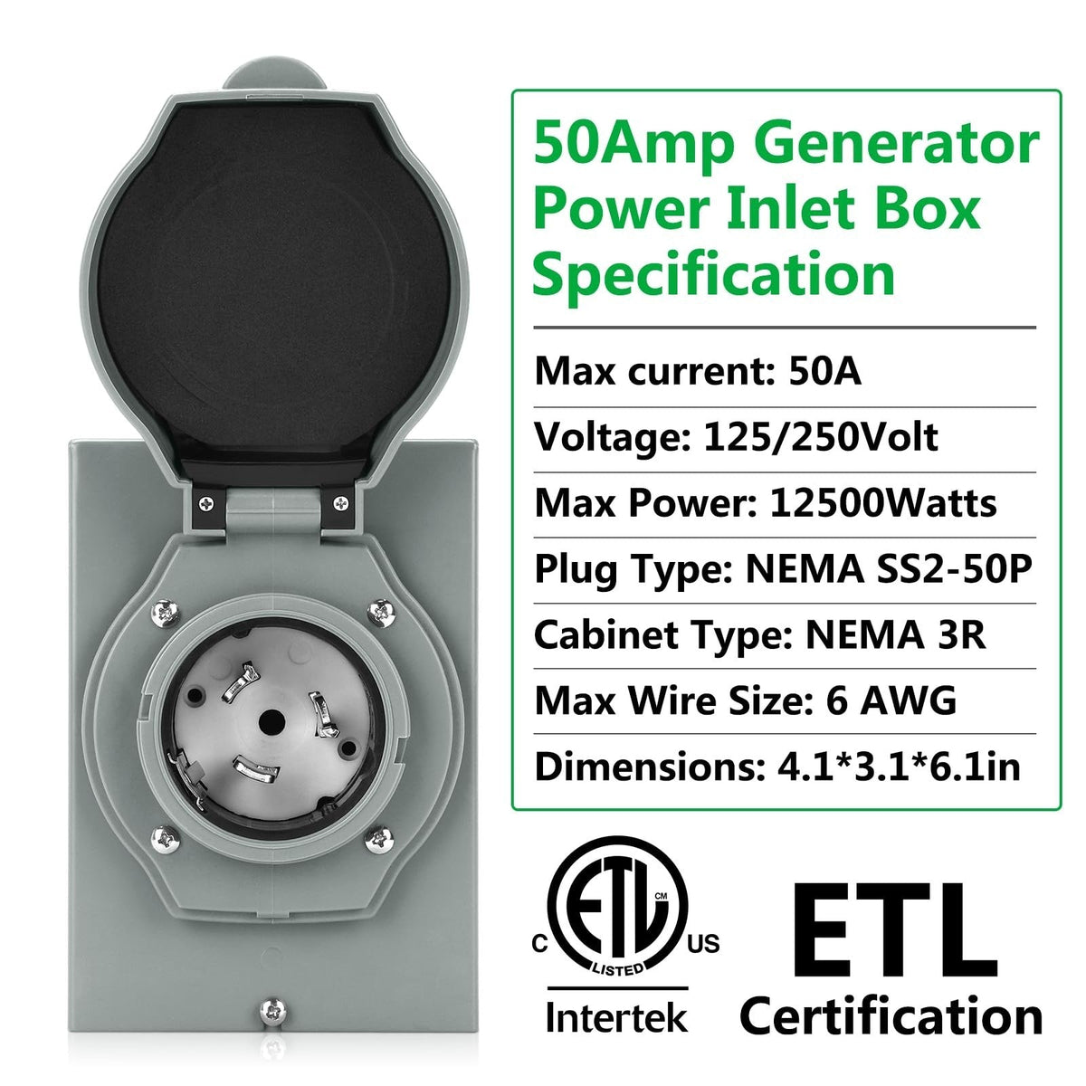 Rundik NEMA SS2-50P 50A Generator Power Inlet Box
