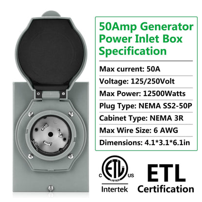 Rundik NEMA SS2-50P 50A Generator Power Inlet Box